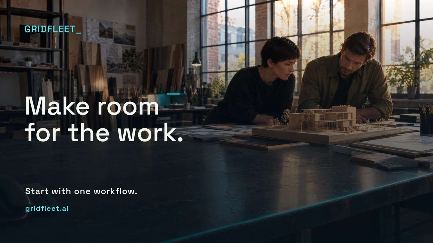 GridFleet’s concept film: a warmly lit workspace and cyan Grid imagery